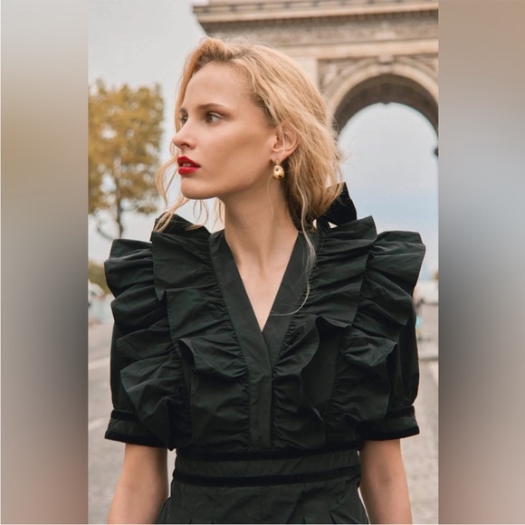 NWT HUNTER BELL Onyx Black Elva Ruffle Velvet Trim Jumpsuit Sz 4 - Picture 4 of 16